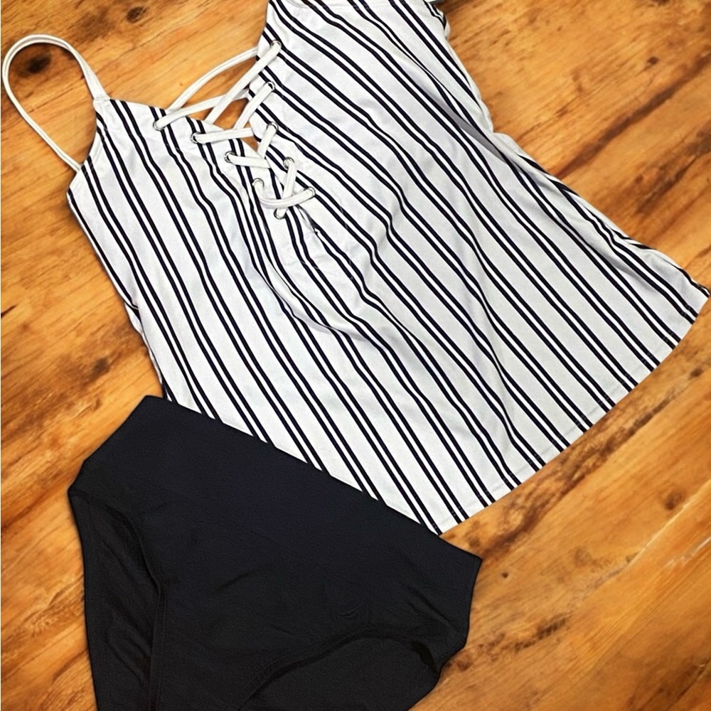 Striped Blue and White Tankini Set
